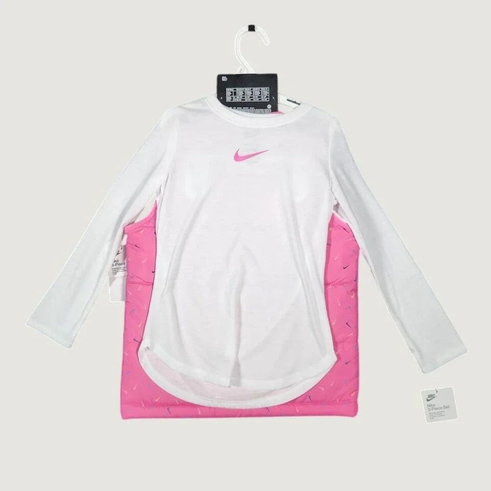 Nike Girls Vest Long Slv Tee Set Pink White Swoosh Print Puffer Size 6X